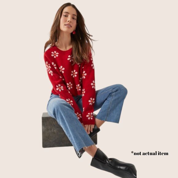 🌼 XL JOSELYN CREW NECK PULLOVER DAISY FLORAL SLIGHT CROP SWEATER Y2K STYLE RED - Picture 2 of 9